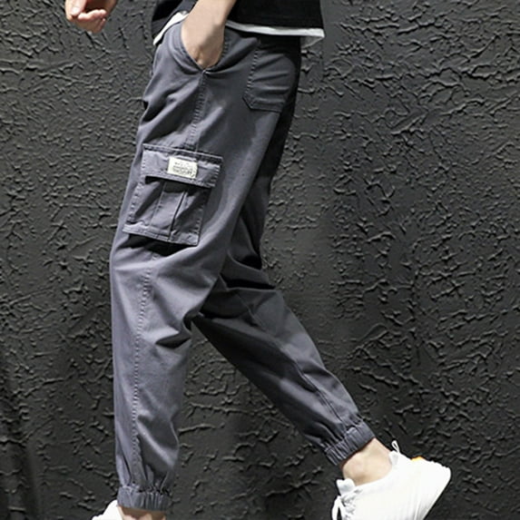 Men's Solid Casual Pocket Outdoor Elastic Waistbelt Jogger Drawstring Trousers Work Pants Capri Leggings For Men High Waist Short Side Pocket Leggings Gym Leggings Men White Leggings For Men