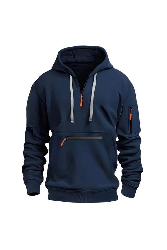 Men's Solid Color 1/4 Zip Hoodie with Zipper Pockets Classic Fit Drawstring Sweatshirt Long Sleeve Pullovers (XL, Navy)