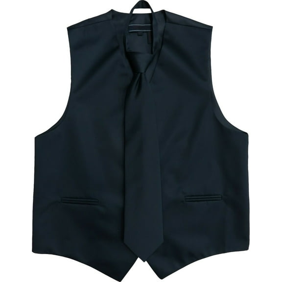 Men's Solid Color Adjustable Dress Vest & Neck Tie Set for Suit or Tuxedo (Black, L)