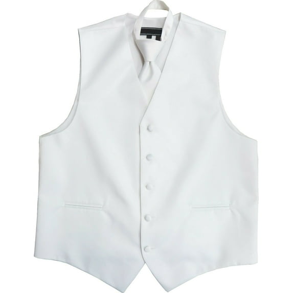 Men's Solid Color Adjustable Dress Vest & Neck Tie Set for Suit or Tuxedo (White, M)