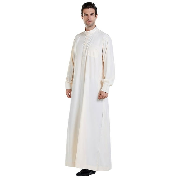 Men's Solid Color Arab Robe Traditional Thobe Garment for Prayer and Daily Wear