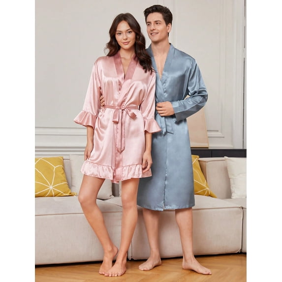 Men's Solid Color Bathrobe With Waist Belt, Home Clothing