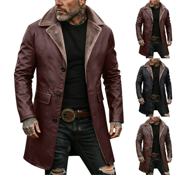 Men's Solid Color Button Pocket Work Wear Jacket with Plus Velvet Leather, Long Casual Coat for Winter Outdoor Adventures, Work, and Holiday Gatherings,Red,L