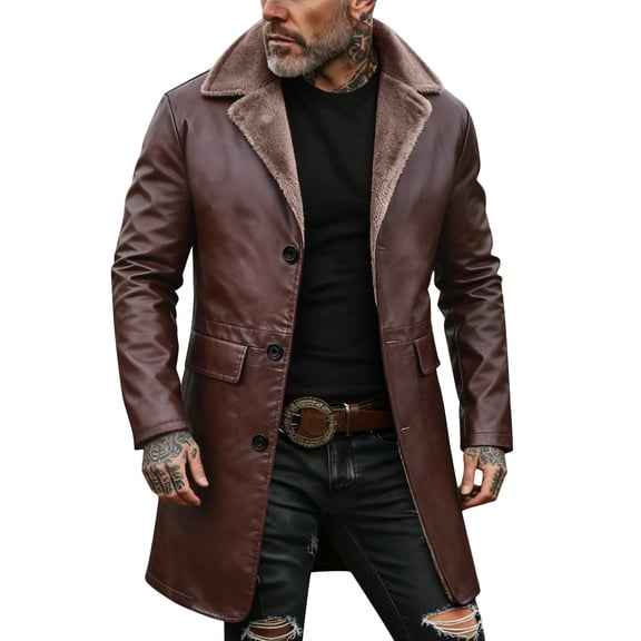 Men's Solid Color Button Pocket Workwear Fleece-lined Leather Jacket, Men's Casual Long Coat Brown L