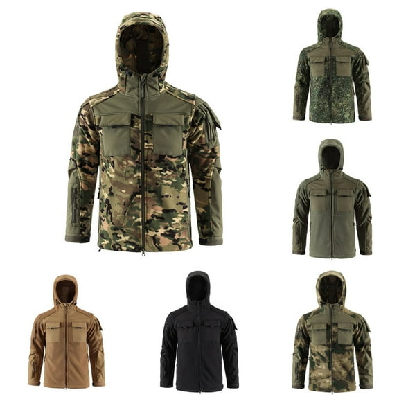 Men's Solid Color Camouflage Outdoor Workwear Casual Loose Zipper Pocket Waterproof Warm Long Sleeve Hooded Fleece Jacket for Winter Sports Christmas,Green,2XL