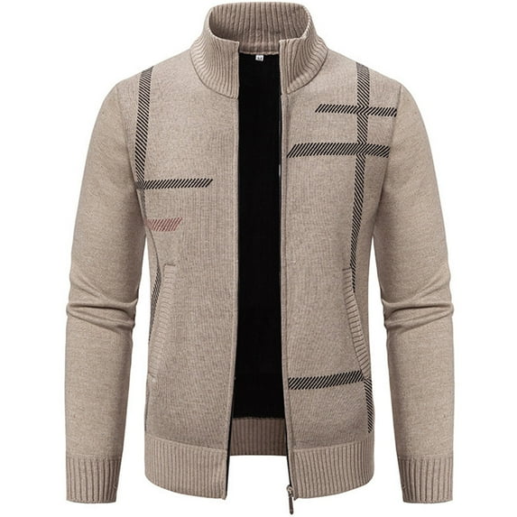 Men's Solid Color Cardigan Casual Long Sleeve Full Zip Sweater Stand Collar Knit Jackets Winter Loose Outerwear for Men (Beige L)