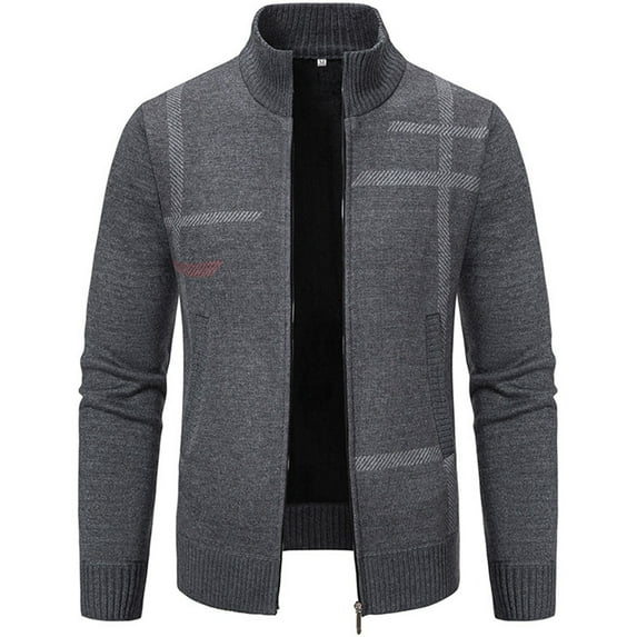 Men's Solid Color Cardigan Casual Long Sleeve Full Zip Sweater Stand Collar Knit Jackets Winter Loose Outerwear for Men (Dark Gray XL)