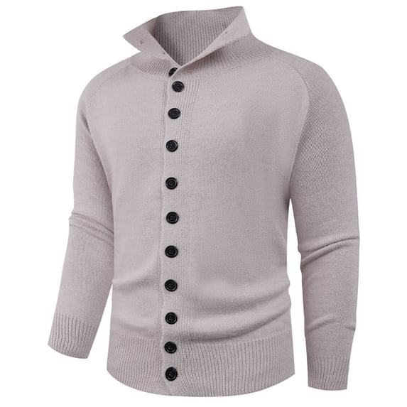 Men's Solid Color Cardigan Sweaters Casual Button Up Long Sleeves Sweater Stand Collar Stretch Knit Jackets Khaki XL