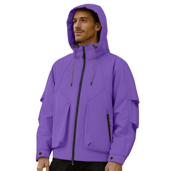 Men's Solid Color Cargo Hooded Windbreaker - Waterproof Water-Resistant Full Zip Jacket with Stand Collar, Ribbed Cuffs & Soft Lining (Work/Outdoor/Daily)