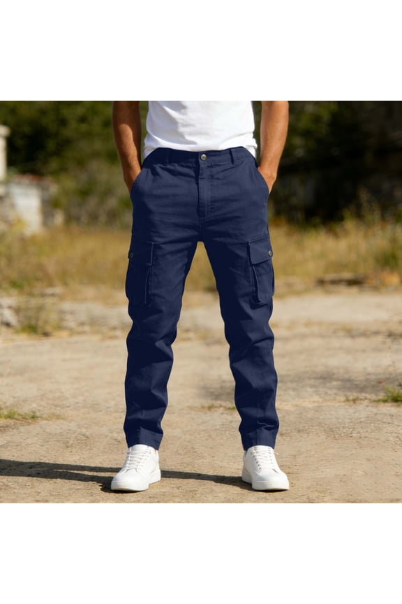 Men's Solid Color Cargo Pants with Four Pockets and Button Zipper Waist