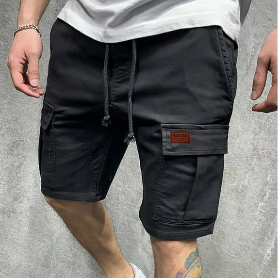 Men's Solid Color Cargo Shorts Men Casual Drawstring Sport Short Pants Relaxed Fit Shorts with Multi Pockets