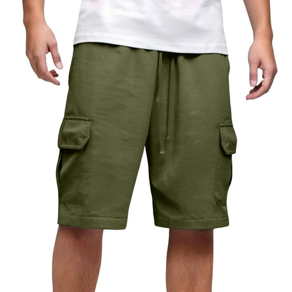 Men's Solid Color Casual Cargo Shorts Elastic Waist, Drawstring, Polyester, Relaxed Fit, Comfort Flex Waistband, for Summer Beach/Outdoor Activities