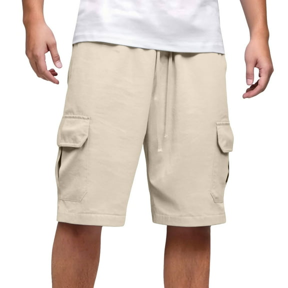 Men's Solid Color Casual Cargo Shorts Elastic Waist, Drawstring, Polyester, Relaxed Fit, Comfort Flex Waistband, for Summer Beach/Outdoor Activities