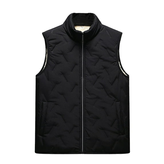 Men's Solid Color Casual Down & Cotton-padded Vest - Stand-up Collar Embossed Sleeveless Jacket, Black, Size L