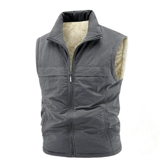 Men's Solid Color Casual Fleece Vest - Thickened Warm Sleeveless Coat, Gray, Size M