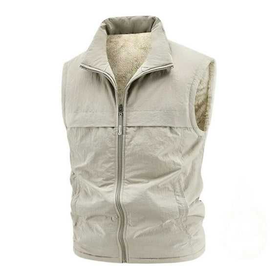 Men's Solid Color Casual Fleece Vest - Thickened Warm Sleeveless Coat, Khaki, Size XL
