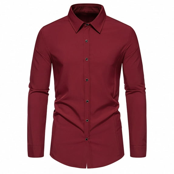 Men's Solid Color Classic Dress Shirts - Long Sleeve Stretch Wrinkle-Free Formal Business Casual Button Down Shirts