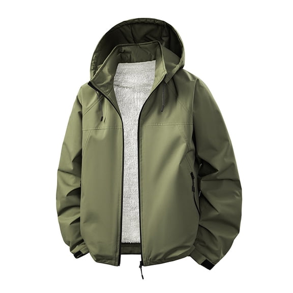 Men's Solid Color Classic Lapel Windproof Fleece-Lined Jacket, Army Green, Size XL