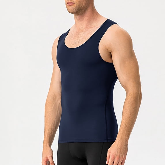 Men's Solid Color Compression Shirts Sleeveless Tank Top, Muscle Fit Workout Tops Quick Dry for Gym Running, Athletic Sports Baselayer & Casual Undershirt Navy XL