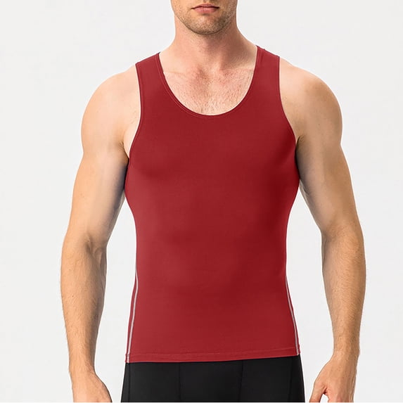Men's Solid Color Compression Shirts Sleeveless Tank Top, Muscle Fit Workout Tops Quick Dry for Gym Running, Athletic Sports Baselayer & Casual Undershirt Red S