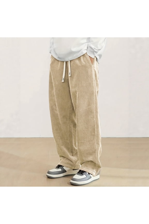 Men's Solid Color Corduroy Casual Pants Straight Insert Pockets Comfort Stretch Fabric Classic Bottoms for Everyday Wear and Outdoor Activities