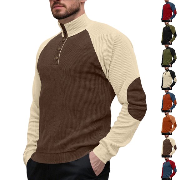 Men's Solid Color Corduroy Half Collar Sweatshirt Brown Long Sleeve Lightweight Casual Loose Fit Streetwear Pullover