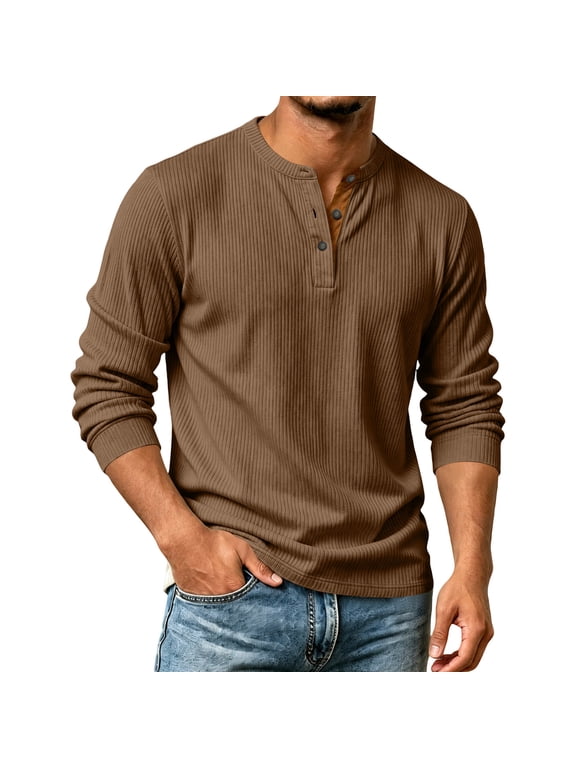 Men's Solid Color Corduroy Henley Shirt, Long Sleeve Lightweight Casual Top, Comfortable Ribbed Henley Tee for Spring Fall Daily Work Wear 04-Brown S