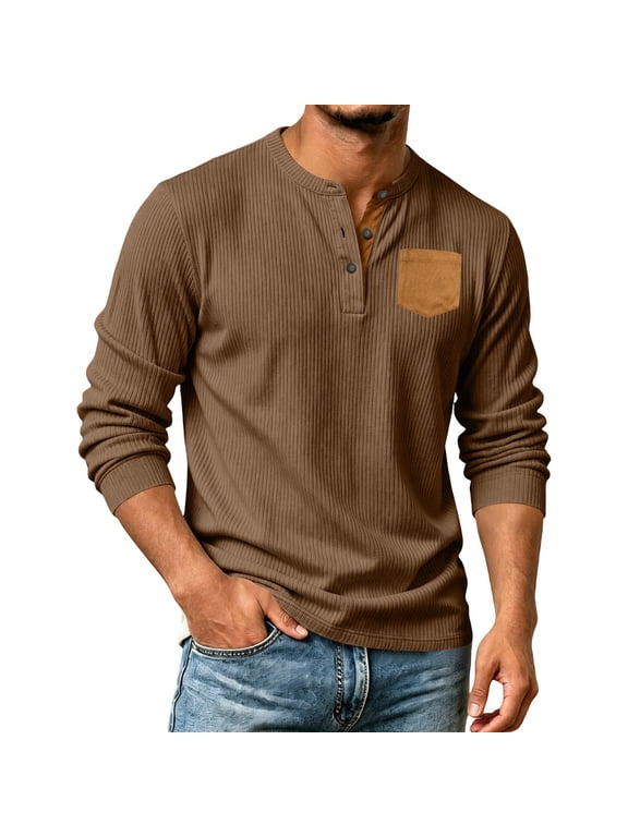 Men's Solid Color Corduroy Henley Shirt, Long Sleeve Lightweight Casual Top, Comfortable Ribbed Henley Tee for Spring Fall Daily Work Wear 16-Brown S
