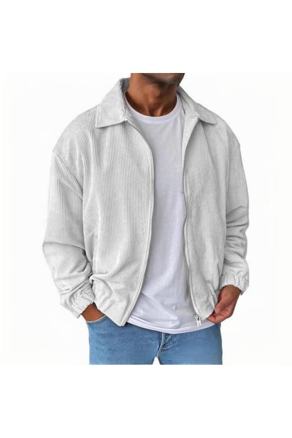 Men's Solid Color Corduroy Jacket with Loose-Fit Lapel Zip-Up Outerwear for Relaxed and Trendy Styles in Various Colors Available for Casual and Smart Look,White,2XL