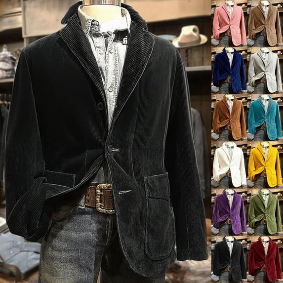 Men's Solid Color Corduroy Warm Pocket Casual Suit Jacket Cardigan, Black, L