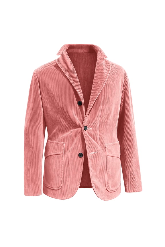 Men's Solid Color Corduroy Warm Pocket Casual Suit Jacket Cardigan, Pink, L