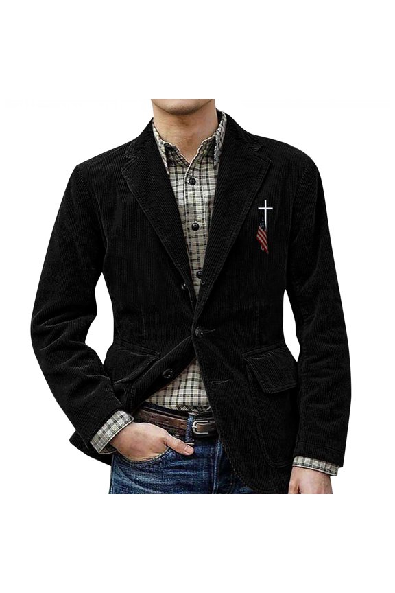 Men's Solid Color Corduroy Warm Pocket Suit Jacket Cardigan with Small Print for Casual and Smart Casual, Men's Casual Suit with Comfort and Style,Black,M