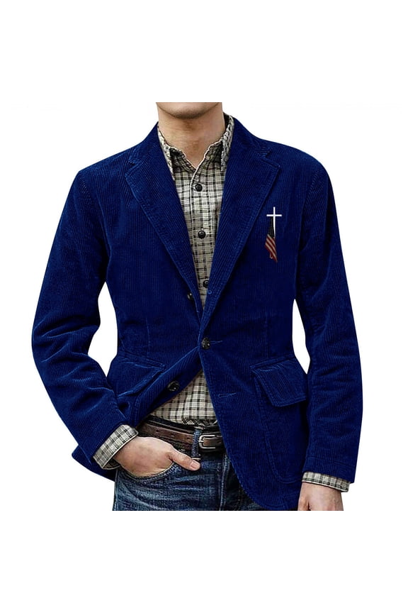 Men's Solid Color Corduroy Warm Pocket Suit Jacket Cardigan with Small Print for Casual and Smart Casual, Men's Casual Suit with Comfort and Style,Blue,M