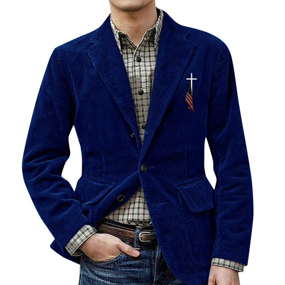 Men's Solid Color Corduroy Warm Pocket Suit Jacket Cardigan with Small Print for Casual and Smart Casual, Men's Casual Suit with Comfort and Style,Blue,XL