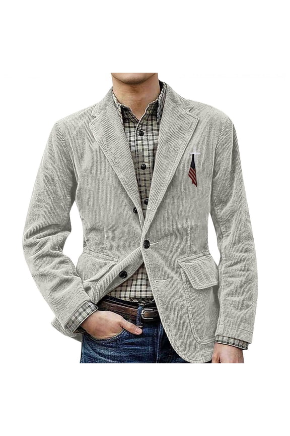 Men's Solid Color Corduroy Warm Pocket Suit Jacket Cardigan with Small Print for Casual and Smart Casual, Men's Casual Suit with Comfort and Style,Gray,M