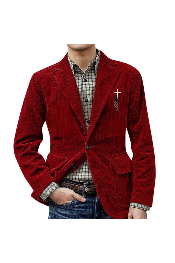 Men's Solid Color Corduroy Warm Pocket Suit Jacket Cardigan with Small Print for Casual and Smart Casual, Men's Casual Suit with Comfort and Style,Red,M