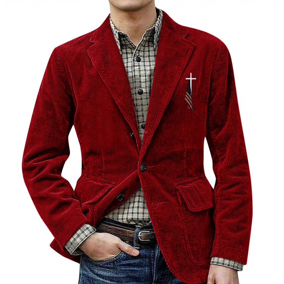 Men's Solid Color Corduroy Warm Pocket Suit Jacket Cardigan with Small Print for Casual and Smart Casual, Men's Casual Suit with Comfort and Style,Red,XL