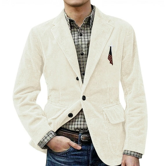 Men's Solid Color Corduroy Warm Pocket Suit Jacket Cardigan with Small Print for Casual and Smart Casual, Men's Casual Suit with Comfort and Style,White,XL