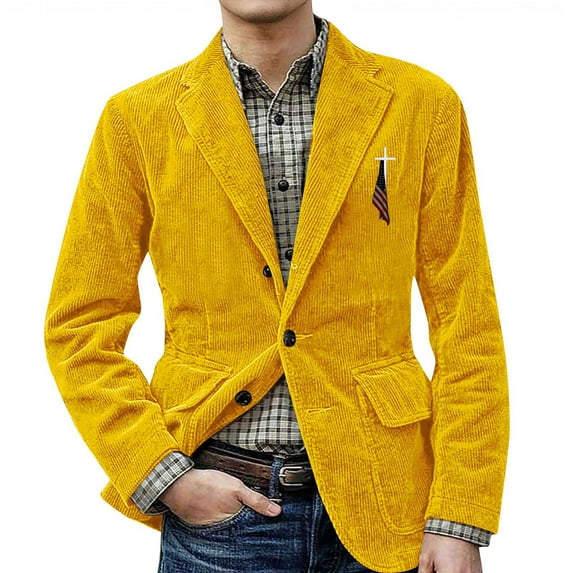 Men's Solid Color Corduroy Warm Pocket Suit Jacket Cardigan with Small Print for Casual and Smart Casual, Men's Casual Suit with Comfort and Style,Yellow,XL