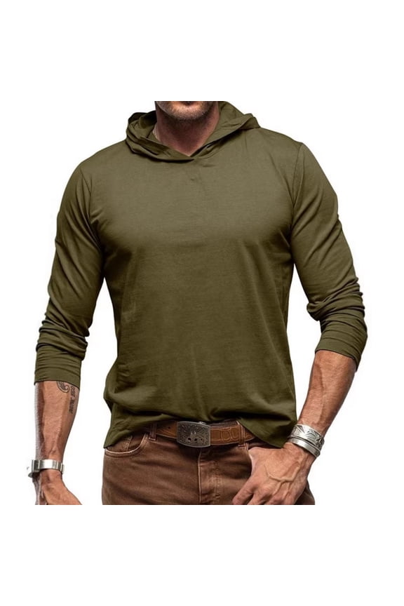 Men's Solid Color Cotton Hooded Long Sleeve Tee, Men's Casual Base Layer Outdoor Top, Army Green L
