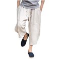 thumbnail image 1 of Men's Solid Color Cotton Linen Capri Pants Wide Leg Baggy Harem Pants Beach Vacation Trousers, 1 of 4