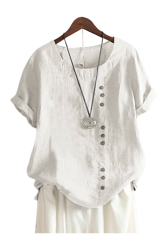 Women's Cotton Linen T-Shirts Short Sleeve Tunic Tops Casual Loose Blouse