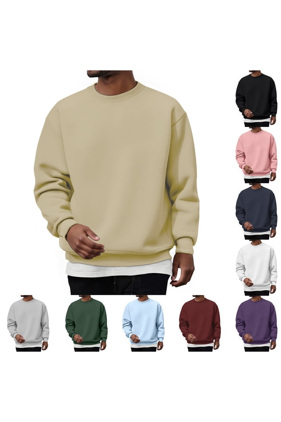 Men's Solid Color Crewneck Sweatshirt, Long Sleeve Cotton Casual Pullover for Everyday Wear, Minimalist Style,Black,L