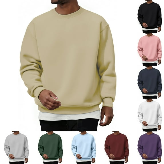 Men's Solid Color Crewneck Sweatshirt, Long Sleeve Cotton Casual Pullover for Everyday Wear, Minimalist Style,Navy,L