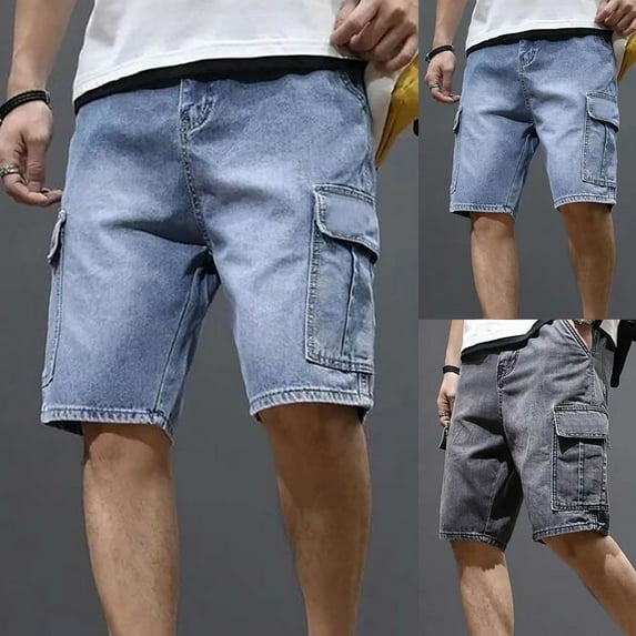 Men's Solid Color Denim Shorts with Multiple Pockets Comfortable Relaxed Fit Cargo Style for Summer Casual Wear