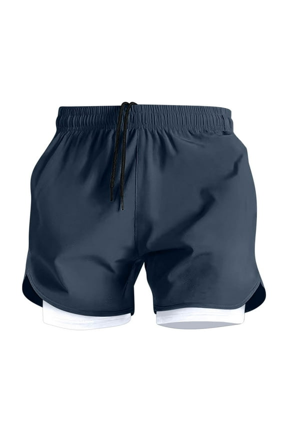 Men's Solid Color Double-layer Running And Fitness Shorts Compression Liner 2 in 1 Quick Dry Beach Shorts