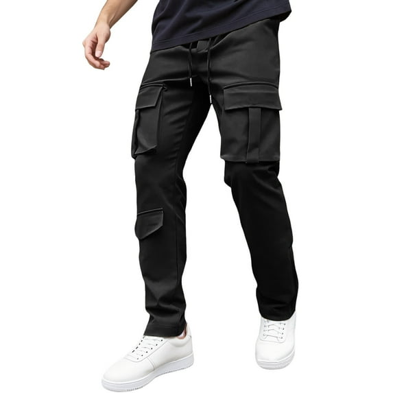 Men's Solid Color Drawstring Cargo Pants with Straight Leg Design and Functional Pockets for Casual Wear