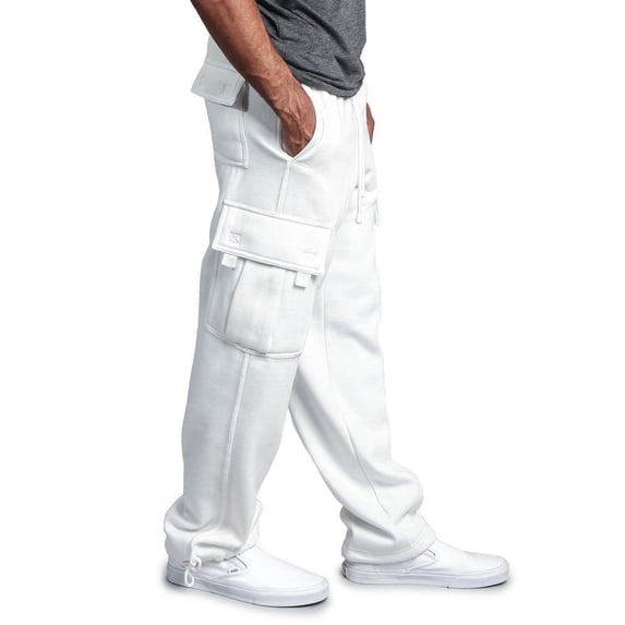 Men's Solid Color Drawstring Jogger Pants with Cargo Pockets for Casual and Sports Wear White L