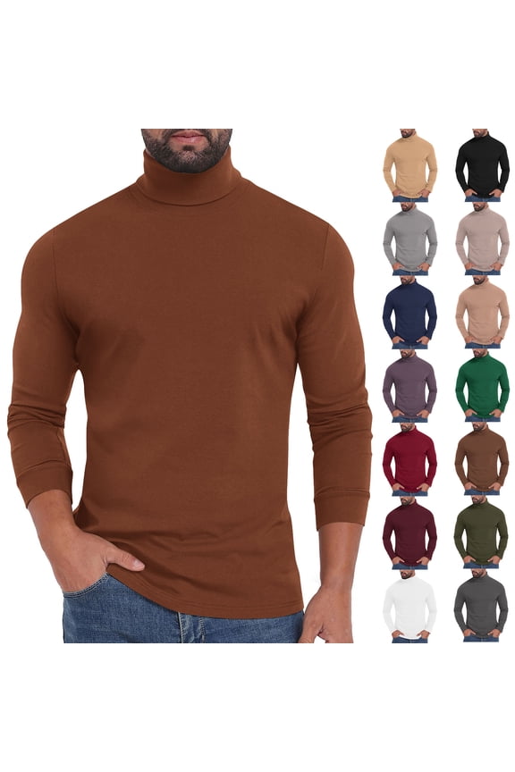 Men's Solid Color Elastic Turtleneck Long Sleeve Slim Fit Top - Multipack Available, Multiple Colors (S-XXL)