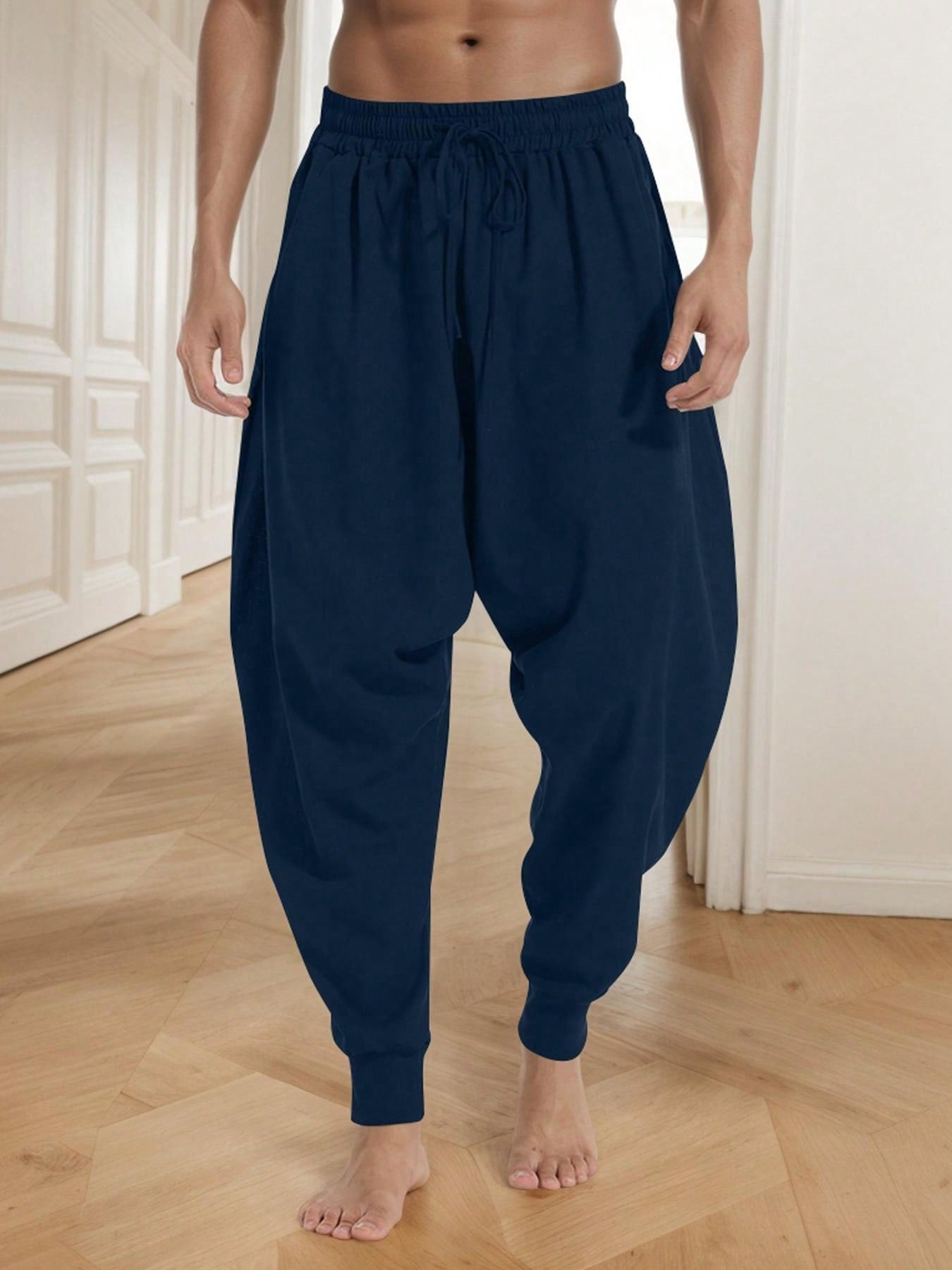 Men's Solid Color Elastic Waist Hippie Harem Pants Loose Crotch Trousers